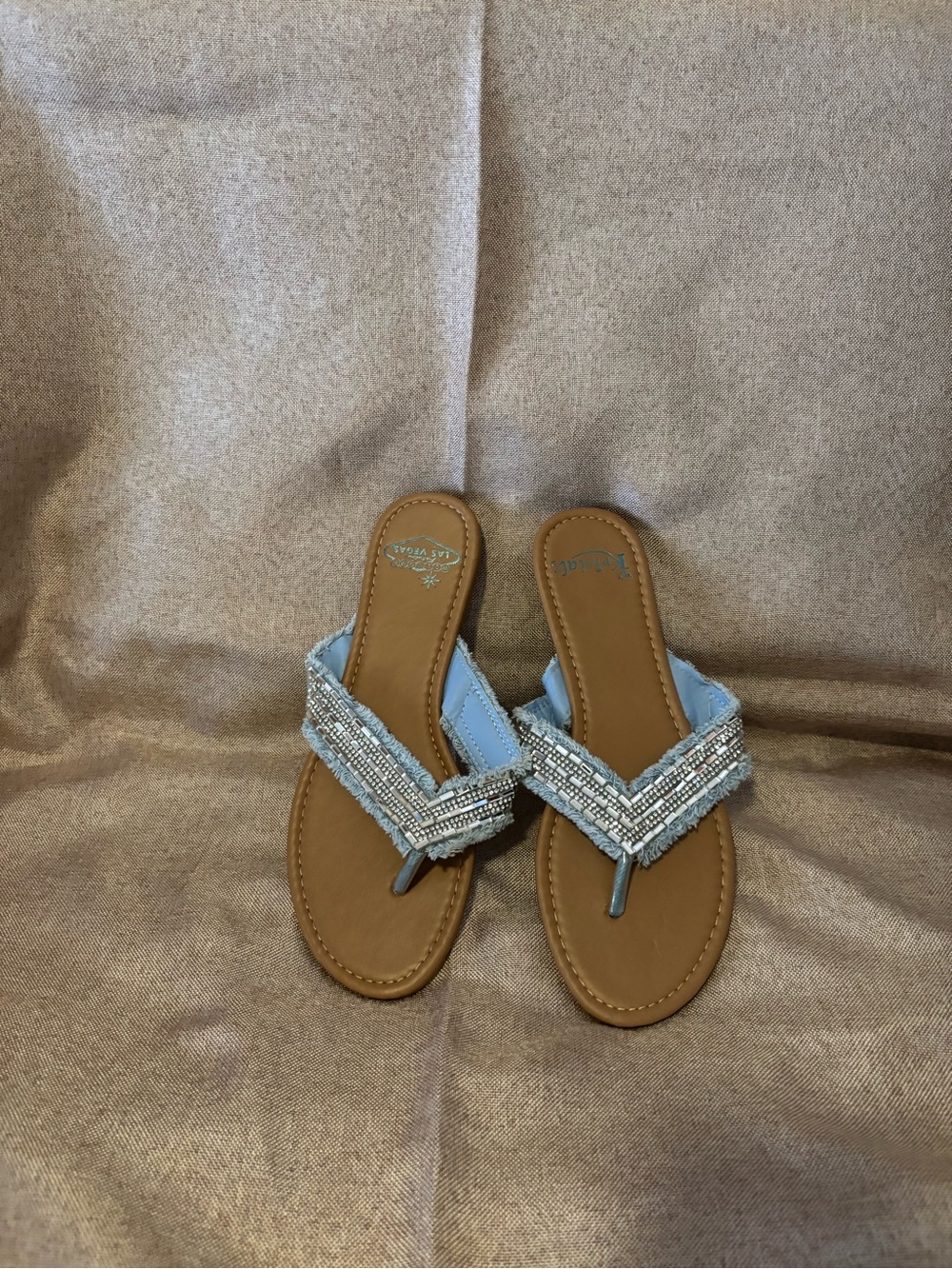 Tan Beaded V-strap Sandals with Silver Accents